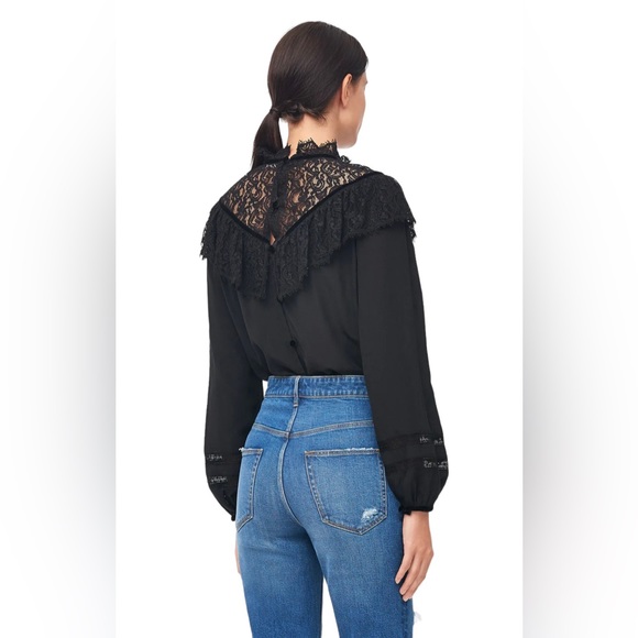 Rebecca Taylor Black Silk & Lace Top With Velvet Trim Size 2 - Picture 7 of 15